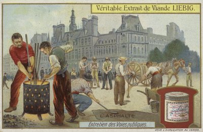 Liebig card featuring road maintenance by French School