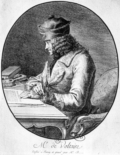Voltaire at his work table by French School