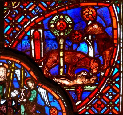 Window depicting a lion and cubs by French School