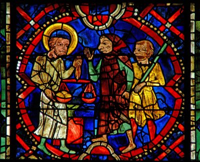 Window w107b depicting St Eloi weighing metal by French School