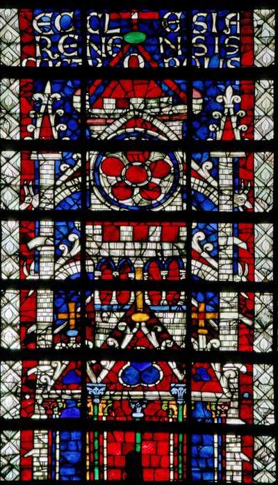 Window w118 depicting the cathedral of Reims by French School
