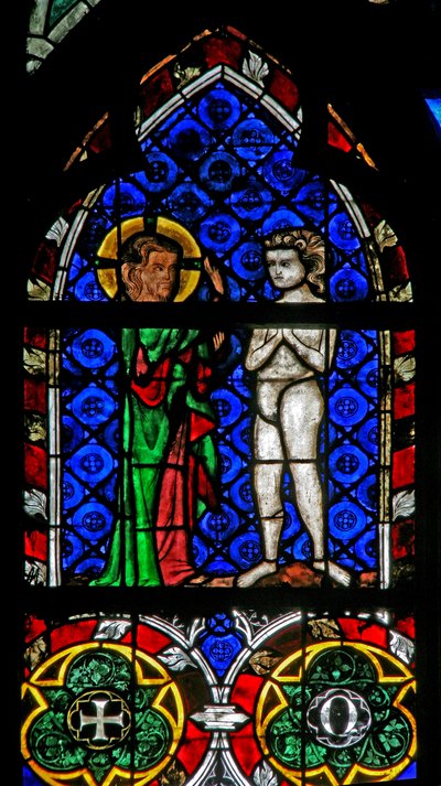 Window w17 depicting the Creation of Adam by French School