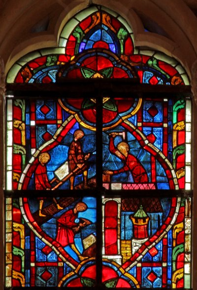 Window depicting Construction of Henochia by French School