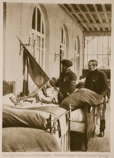 Wounded Chasseur Kisses the Beloved Tricolour, 1914-19 by French School