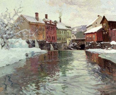 Snow-covered buildings by a river by Frits Thaulow
