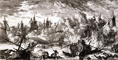 Naval battle - engraving by Gabriel Perelle