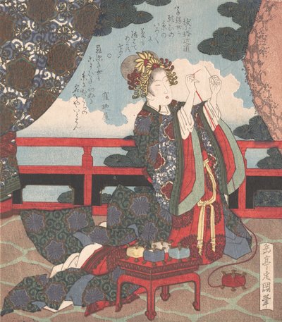 Lady Threading Needle on Verandah, 19th century by Gakutei