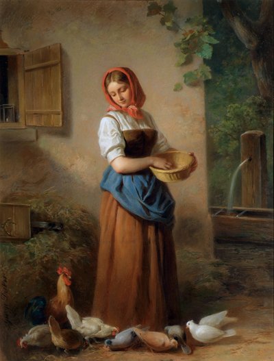 A Girl Feeding Chickens and Pigeons by Georg Decker