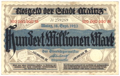 A Hundred Million Mark Banknote, 1923 by German School