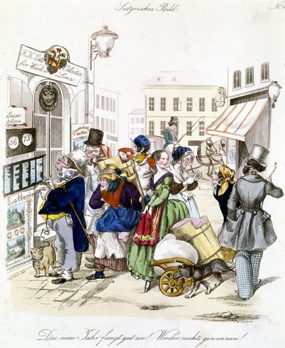 Characters reporting lottery results, Germany by German School
