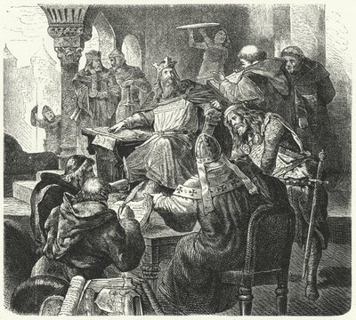 Charlemagne consulting with scholars and clergymen by German School