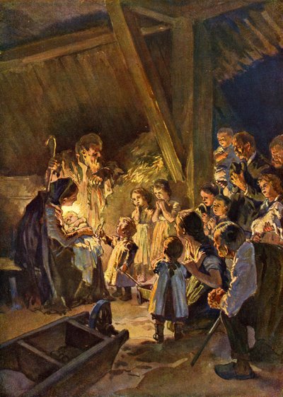German Christmas Scene with Children, c. 1908 by German School