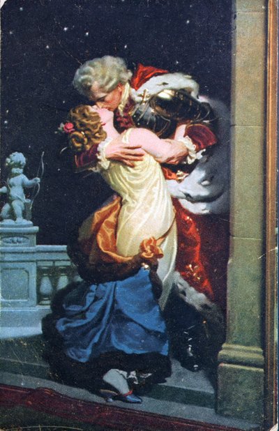 Postcard depicting an eighteenth century couple kissing by German School