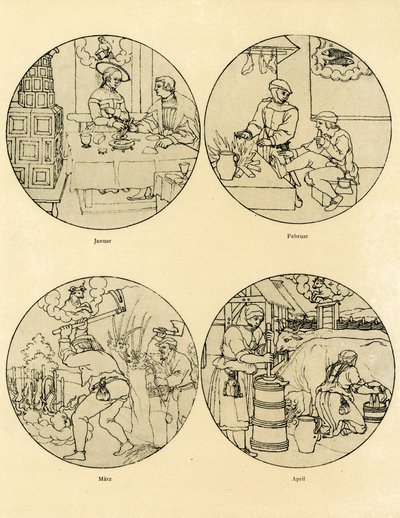 Twelve calendar images in a circular shape by German School
