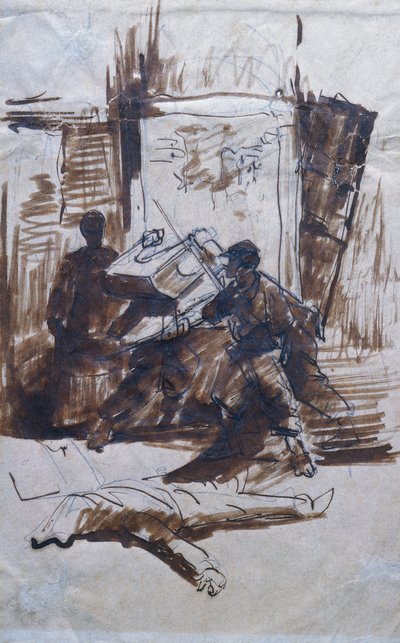 Soldiers in action in a house by Giovanni Fattori