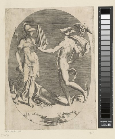 Mercury Gives Minerva a Pan Flute by Giulio Bonasone