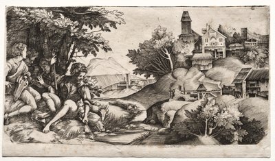 Shepherds in a Landscape by Giulio Campagnola