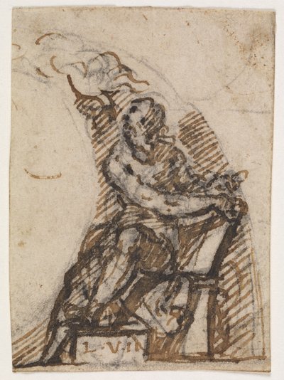 Seated man with writing tablet (?). Architectural detail by Giulio Campi