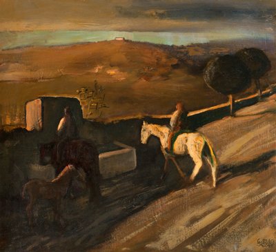 White horse at the watering hole by Giuseppe Biasi