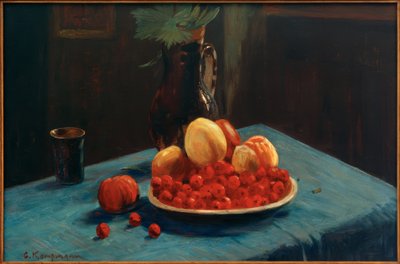 Fruit Still Life on Blue Tablecloth by Gustav Kampmann