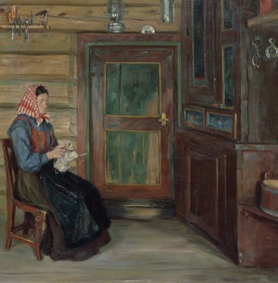 Farmers Interior with Knitting Woman by Gustav Wentzel
