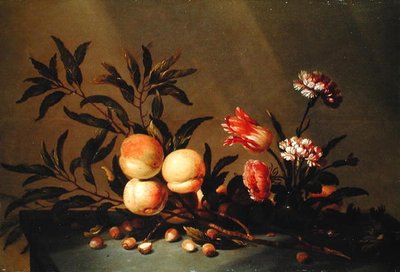 Still Life of Peaches and Flowers by Hans Bollongier
