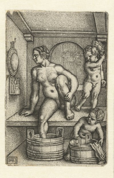 Woman with Two Children in Bathroom by Hans Sebald Beham