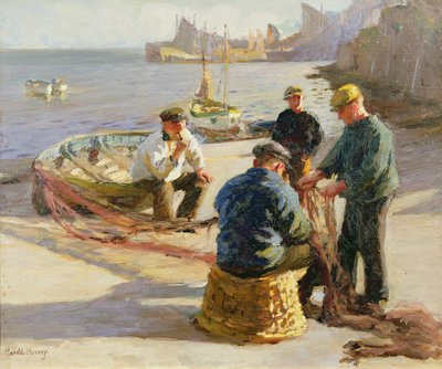 Newlyn Harbour: Mending the Nets by Harold Harvey