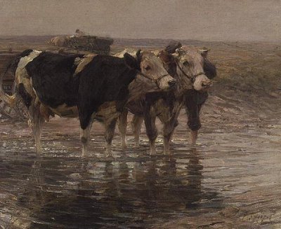 Cattle watering by Heinrich Johann von Zugel