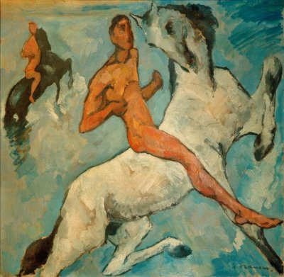 Raft Rider Against Blue Background by Heinrich Nauen