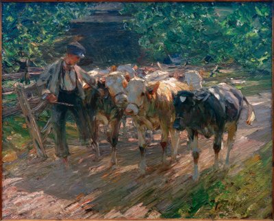 Herd Boy Leading Three Calves by Heinrich von Zügel