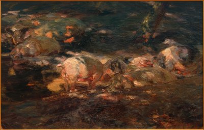 Herd of Pigs in the Forest by the Water by Heinrich von Zügel