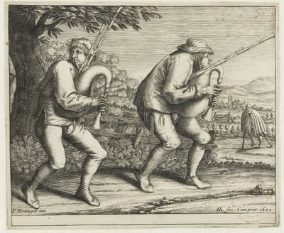 Two Bagpipers, Pilgrimage to Molenbeek (series title) by Hendrick Hondius (I)