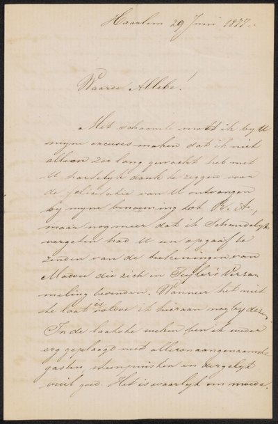 Letter to August Allebé by Hendrik Jacobus Scholten