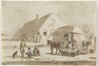 Skaters and a Sledge by a Farm by Hendrik Spilman