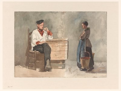 Smoking Sailor, Woman with Yoke and Milk Buckets by Hendrik Valkenburg