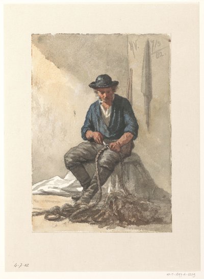 Seated Fisherman Working on a Rope by Hendrik Valkenburg