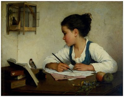 A Girl Writing; The Pet Goldfinch by Henriette Browne