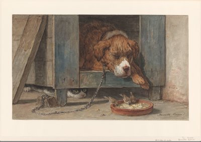 Cat Spies Birds near a Sleeping Dog by Henriëtte Ronner