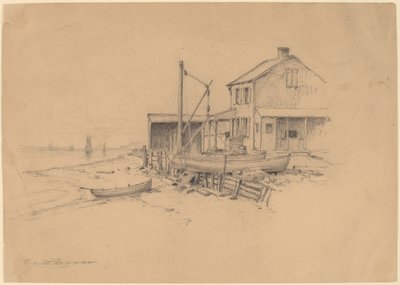 Fishing Boats and Shack by Henry Farrer