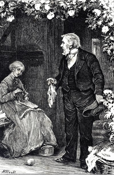 Engraving depicting a woman knitting by Henry Woods
