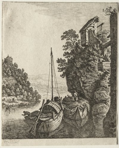 Two Boats Moored Under a Rock by Herman Saftleven