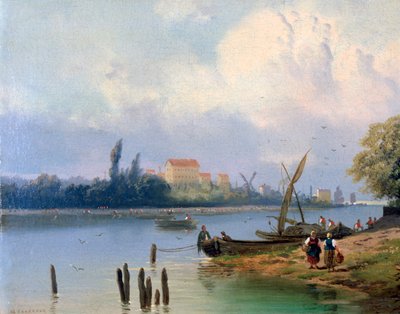 People by the Boats in Holland by Hermanus Koekkoek