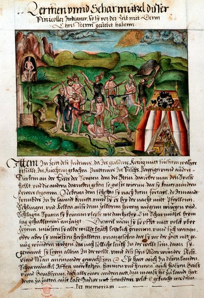 Venezuelans attacking Spanish conquistadors, c16th century by Hieronyouse Koler
