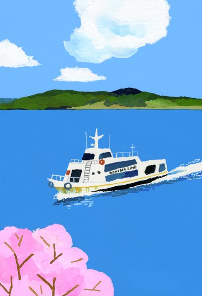 Tourist Boat and Cherry Blossom by Hiroyuki Izutsu