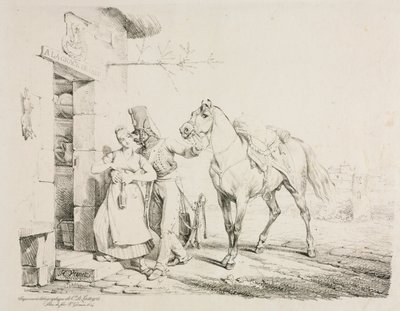 A Hussar Embracing a Servant by Emile Jean Horace Vernet