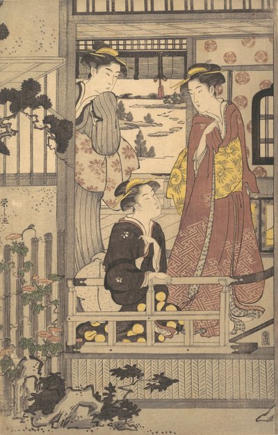 Three Women on a Veranda by Hosoda Eishi