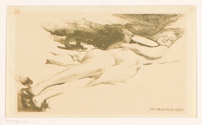 Reclining Nude Woman with Mirror by Huib Luns