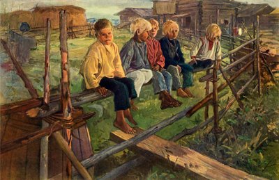 Children on a Fence Sparrows by Illarion Pryanishnikov