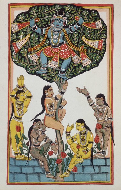 Krishna and 5 goddesses by Indian School